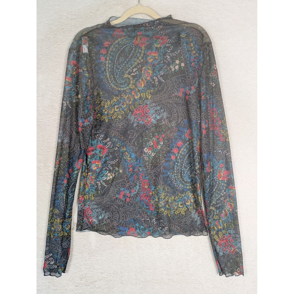 Natural Life Mesh Top Women's M Multicolor Paisley Floral Sheer Lettuce Trim